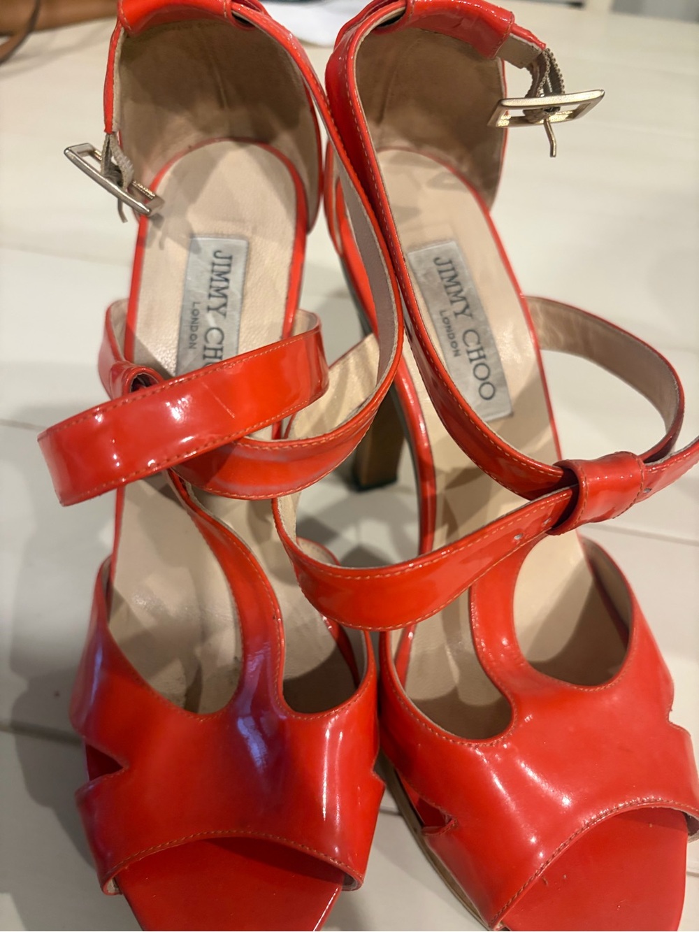 Jimmy Choo Red Patent Leather Cutout Strappy Heels